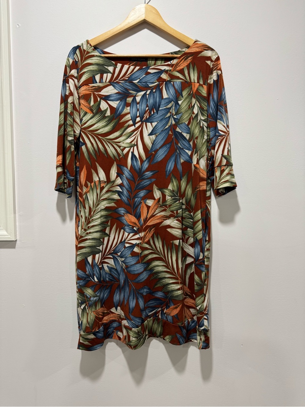 Audrey Whitmore Tropical Palm Leaf Shift Dress Rust Burgundy 3/4 Sleeve Size L
